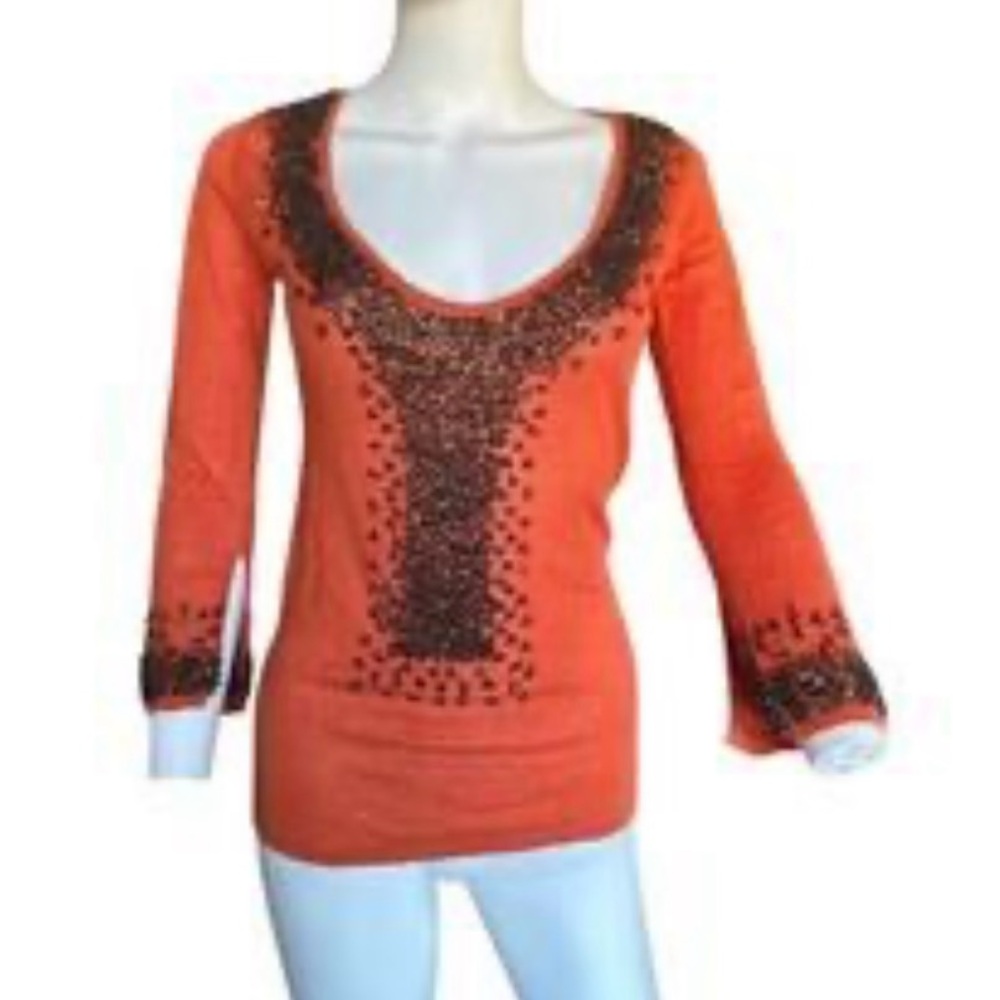 Moda International Orange Blouse with Brown Accents
